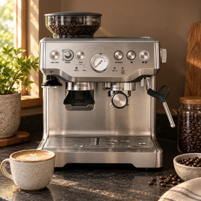 Tramontina by Breville Express Pro em inox na bancada, com uma xícara de cappuccino na frente