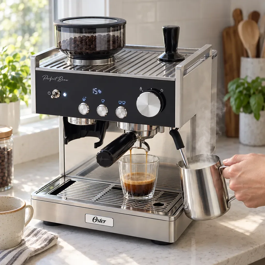 Máxima tirando café enquanto o bico de vapor aquece o leite na jarra