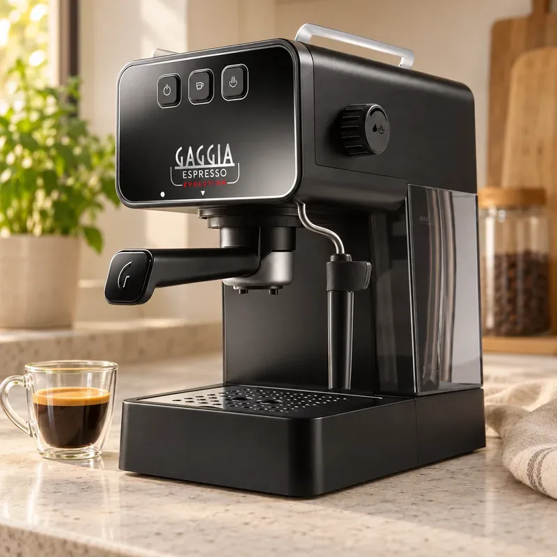 Gaggia Evolution preta na bancada clara, com uma xícara de espresso ao lado