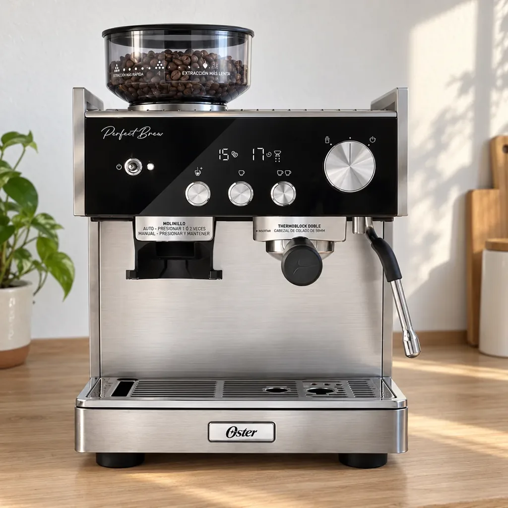 Oster Perfect Brew Máxima na cozinha, com o visor aceso e o funil de grãos cheio