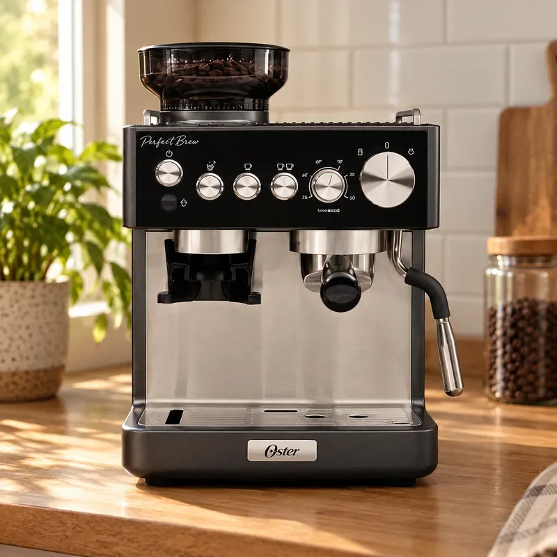 Oster Nova Perfect Brew em inox e painel preto na bancada de madeira, com plantas ao fundo